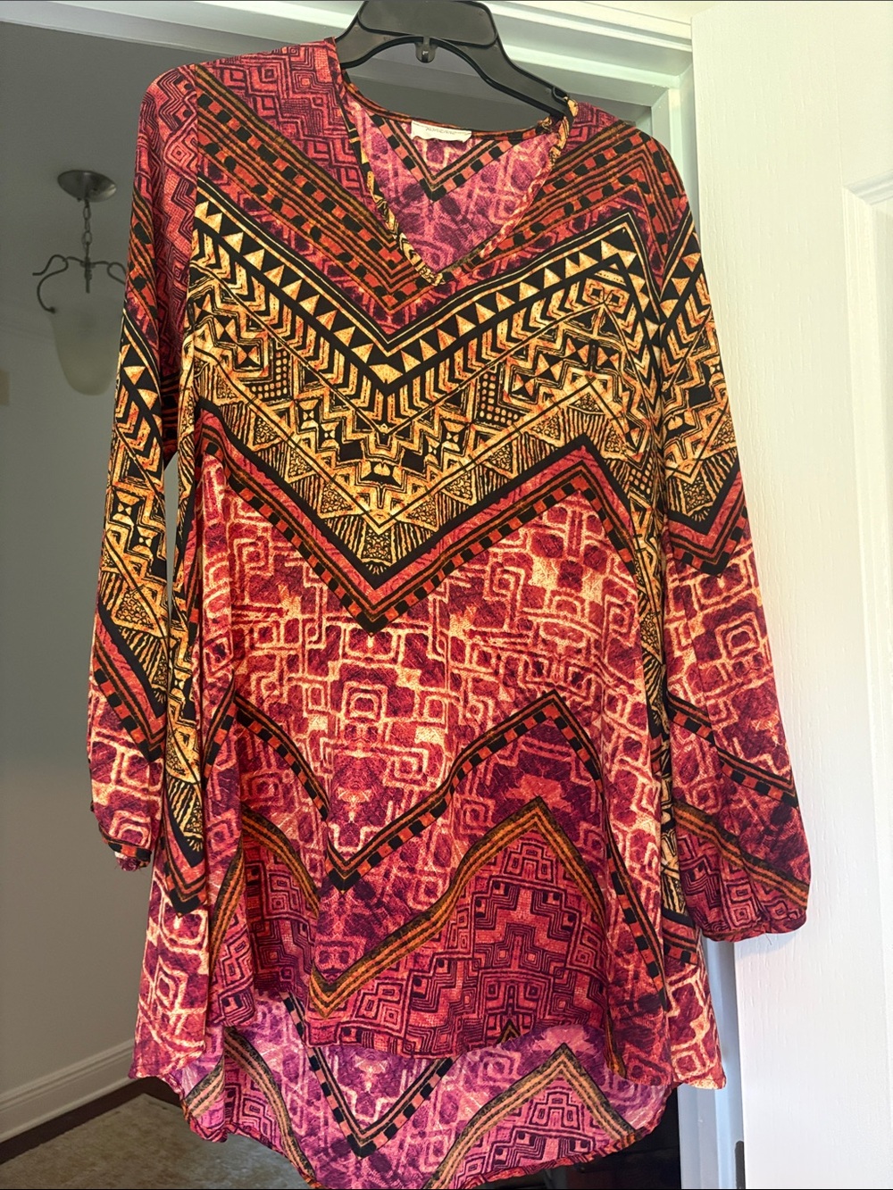 Adrienne Red and Gold Patterned V-Neck Tunic Dress